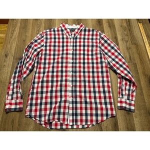 Straightfaded Shirt, Mens Size Large, Red White Blue Plaid Long Sleeve Button Up